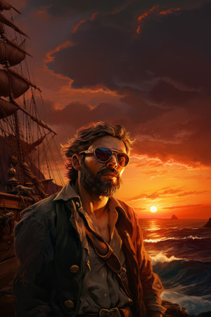 Portrait of a handsome young man with sunglasses against the backdrop of a beautiful sunsetの素材