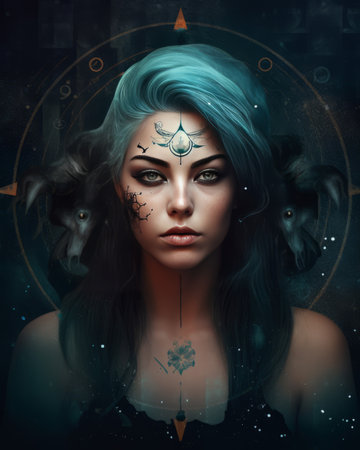 Fantasy portrait of beautiful girl with blue hair and fantasy make upの素材