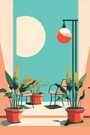 Vector illustration of a room with plants in pots and a lamp.の素材
