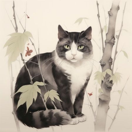 Black and white cat sitting on a branch of a tree with leavesの素材