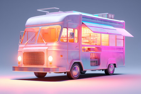 Modern camper van on blue background. 3d render illustration.の素材