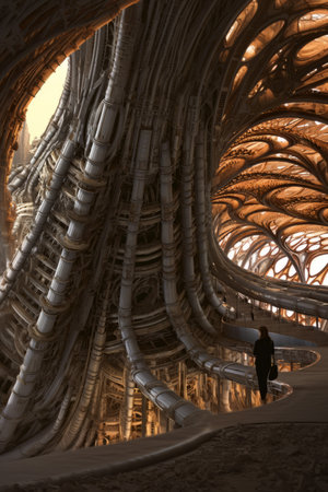3D rendering of a futuristic city in the middle of the desertの素材