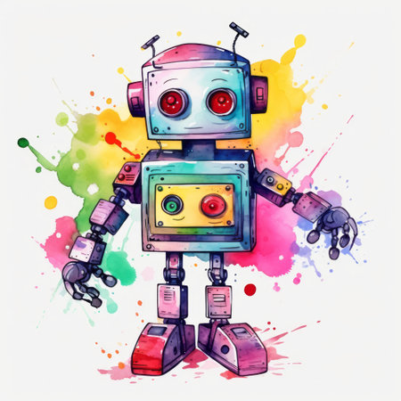 Cute cartoon robot with colorful watercolor splashes. Vector illustration.の素材