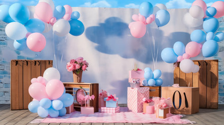 Birthday party decoration with balloons and gift boxes, 3d renderの素材