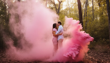 Young couple in love with pink and blue smoke in the forest.の素材