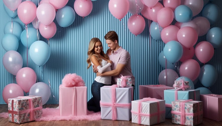 Young couple is sitting on the floor with pink and blue balloons and giftsの素材