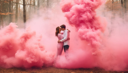 Young couple in love kissing and embracing in the pink and blue smokeの素材