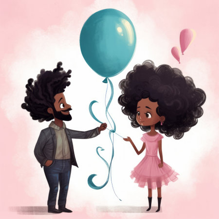 Cute afro-american girl holding a balloon with her boyfriendの素材