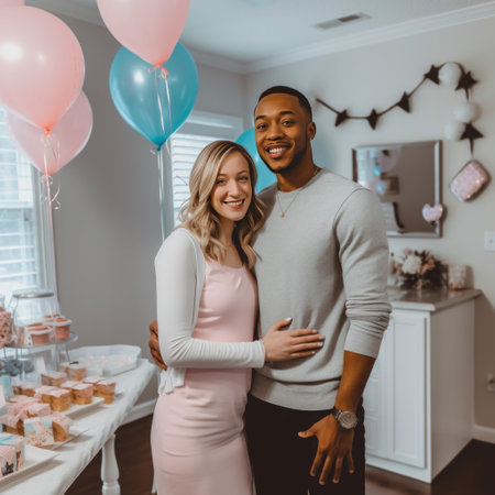 happy african american man hugging pregnant wife at baby shower partyの素材