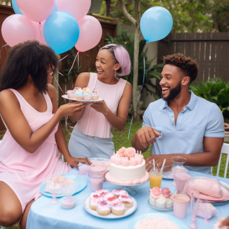 Happy multiethnic friends having birthday party outdoors. Cheerful african american woman and caucasian man sitting at table with cakes and balloons.の素材