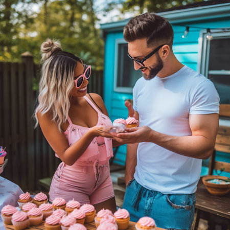 beautiful young couple eating cupcakes and smiling while standing near campervanの素材