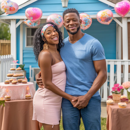 happy african american couple hugging and looking at camera at birthday partyの素材