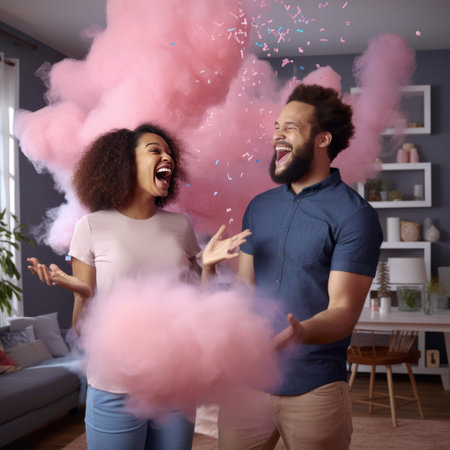 african american couple with pink smoke bombs in living room at homeの素材