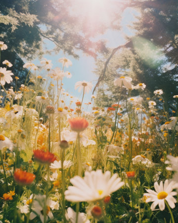 summer meadow with daisies and sun rays - retro vintage effectの素材