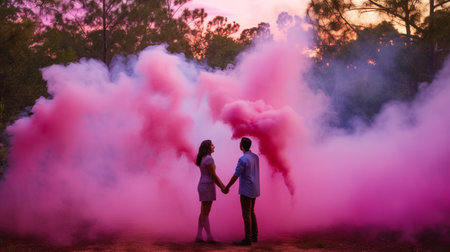 Young couple in love holding hands and looking at each other with pink and blue smokeの素材
