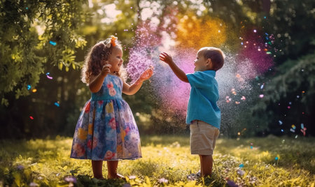 Cute little boy and girl playing with colored powder in the parkの素材