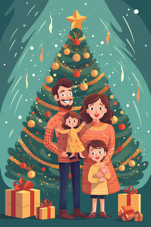Happy family with Christmas tree and presents. Vector illustration in cartoon styleの素材