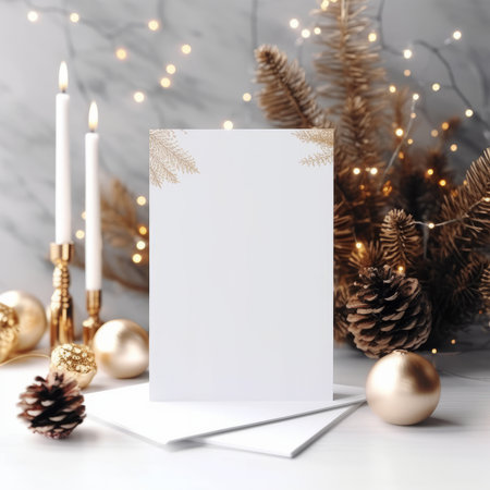 Christmas greeting card mockup with golden christmas decorations and candles on white background.の素材