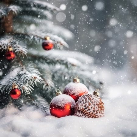 Christmas greeting card. Festive decoration on bokeh background. New Year concept. Copy space.の素材