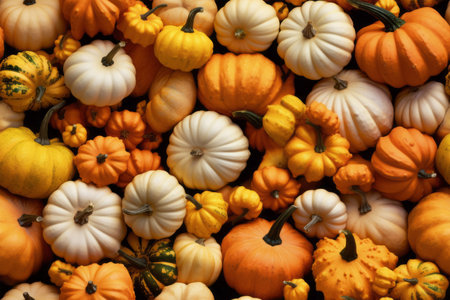 Colorful pumpkins collection on the autumn market. Seasonal backgroundの素材