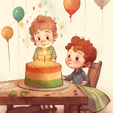 Boy and girl celebrating birthday party with cake and balloons, illustration.の素材