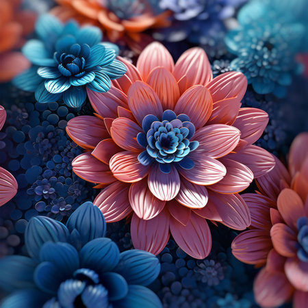 3d illustration of abstract floral background with flowers in blue and pinkの素材