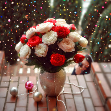 Bouquet of red and white roses in a vase on the streetの素材