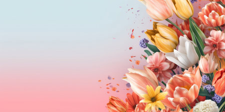 Bouquet of tulips and daffodils on pink backgroundの素材