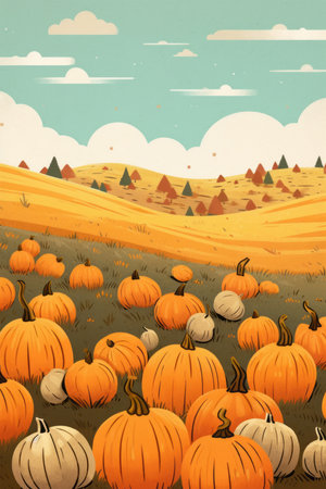 Halloween background with pumpkins in the field - illustration for childrenの素材