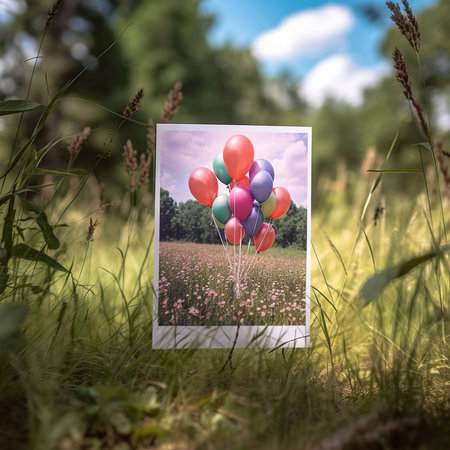 Blank photo frame with balloons on the grass. Nature background.の素材