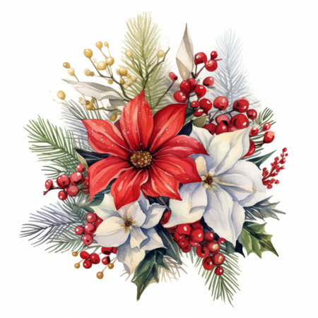 Watercolor Christmas bouquet with poinsettia, holly, mistletoe and berries. Hand painted illustration isolated on white backgroundの素材