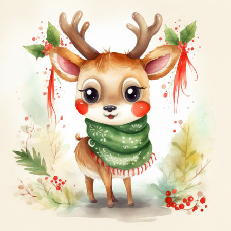 Christmas greeting card with cute reindeer. Watercolor illustration.の素材