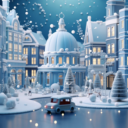 3D illustration of a miniature Christmas town with snowflakes.の素材
