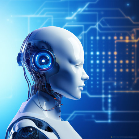 3d rendering humanoid robot or cyborg with digital circuit board backgroundの素材