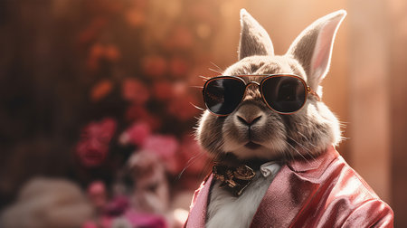 Easter bunny with sunglasses and bow tie on bokeh backgroundの素材