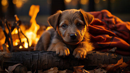 Cute puppy sitting on a log in front of the fire.の素材