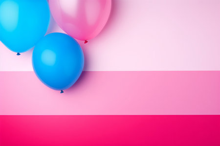 Colorful balloons on pastel pink and blue background with copy spaceの素材