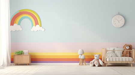 Interior of the children's room with a wooden bed and a rainbow. 3d renderingの素材