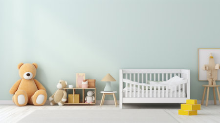 3d rendering of a baby room interior with a crib and toysの素材