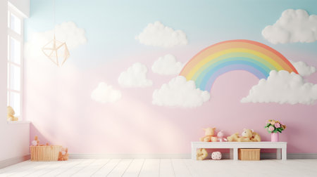 Baby room with pink wall, white teddy bear and rainbow - 3d renderingの素材