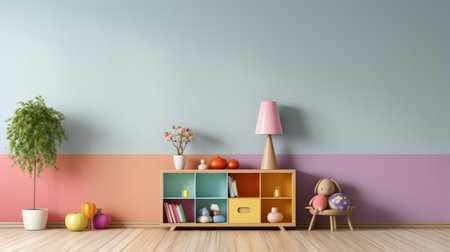 Interior of children's room with bookshelf, lamp and toys - 3d renderingの素材