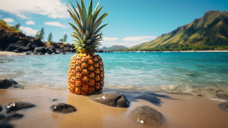 Pineapple on the beach with mountain background in Hawaii, USAの素材
