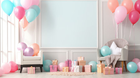 Interior of living room with armchair, armchair, gift boxes and balloonsの素材