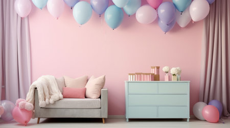 Interior of children room with pastel pink and blue balloons and sofaの素材