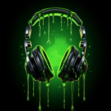 Vector illustration of headphones with splashes of green liquid on black backgroundの素材