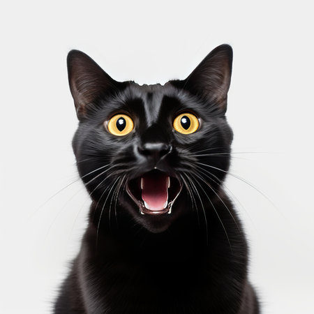 Funny black cat with yellow eyes and open mouth. Isolated on white backgroundの素材