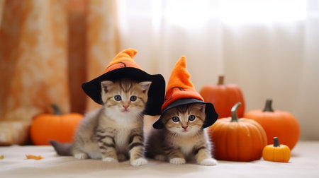 Cute little kittens in witch halloween costumes with pumpkinsの素材