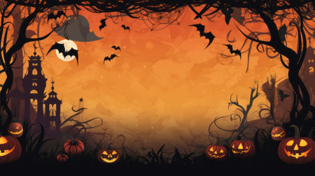 Halloween background with pumpkins, cemetery and bats. Vector illustration.の素材