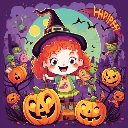 Halloween background with cute cartoon girl in witch costume. Vector illustration.の素材