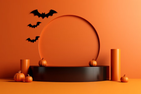 Halloween background with podium, pumpkins and bats. 3d renderの素材